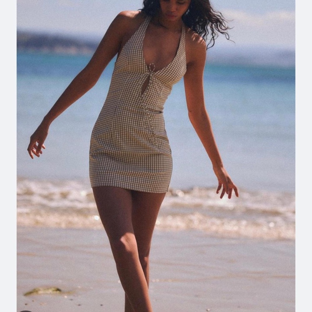 Zara Beige Gingham Halter Mini Dress